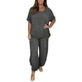 thumbnail image 1 of Lisingtool 2 Piece Sets for Women Summer Women Suit Fashion Comfortable Short Sleeve and Long Pants Solid Color Top and Pants Set Cotton and Linen S-5XL, 1 of 3