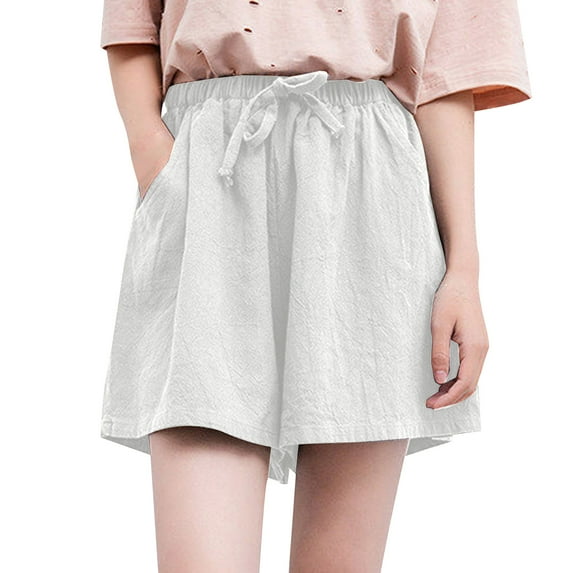 Lisingtool Biker Shorts Women Cotton And Linen Shorts Women's Casual Large Size Printed Plaid Pants Versatile Wide Legs Shorts for Women White