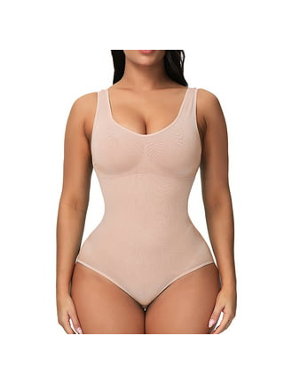LBECLEY Low Back Compression Shapewear Bodysuit Thong for Women Thong Body  Shaper Bodysuit with Built in Bra Deep V Top Bodysuit Thong Coffee Xl