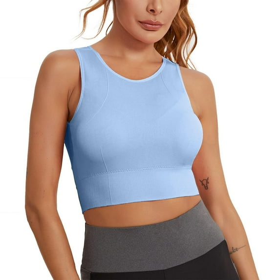 Lisingtool Bras for Women No Underwire Women's Longline Sports Bra High Impact Yoga Tops Built in Bra Crop Top Sports Bra Wireless Racerback Bra Bras for Women Blue