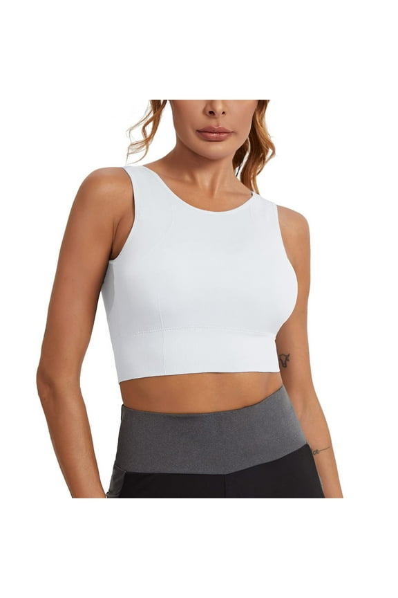 Bras for Women No Underwire Women's Longline Sports Bra High Impact Yoga Tops Built in Bra Crop Top Sports Bra Wireless Racerback Bra Bras for Women White