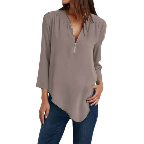 Lisingtool Button Women Ladies Clothing Loose Shirt Chiffon Zipper Long Sleeves Slanted Hem Plus Size Tops Bronze
