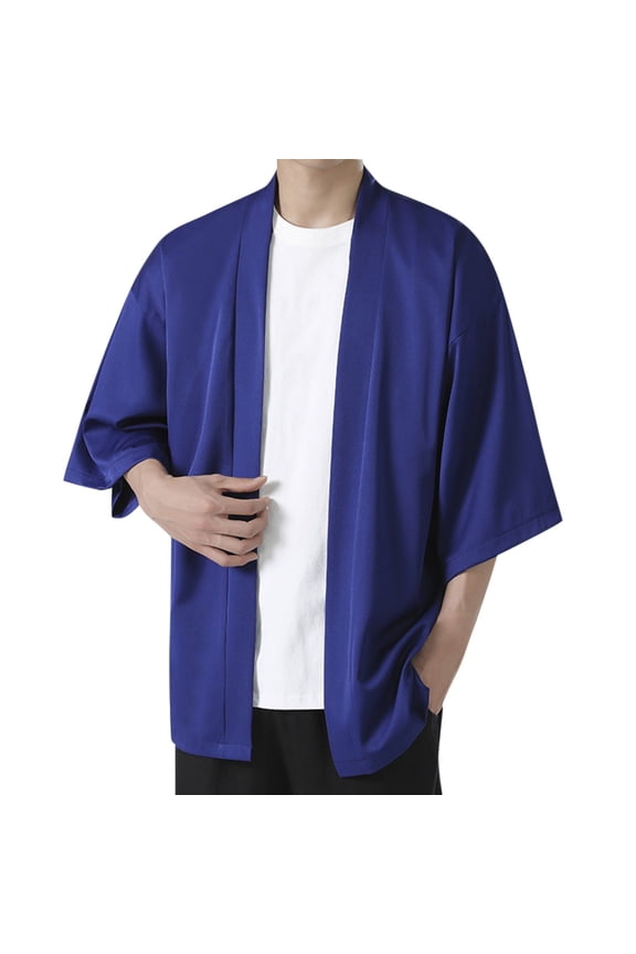 Cardigan Men Men's Solid Drop Shoulder Kimono Jacket Open Front Cardigan Cloak Tops Blue