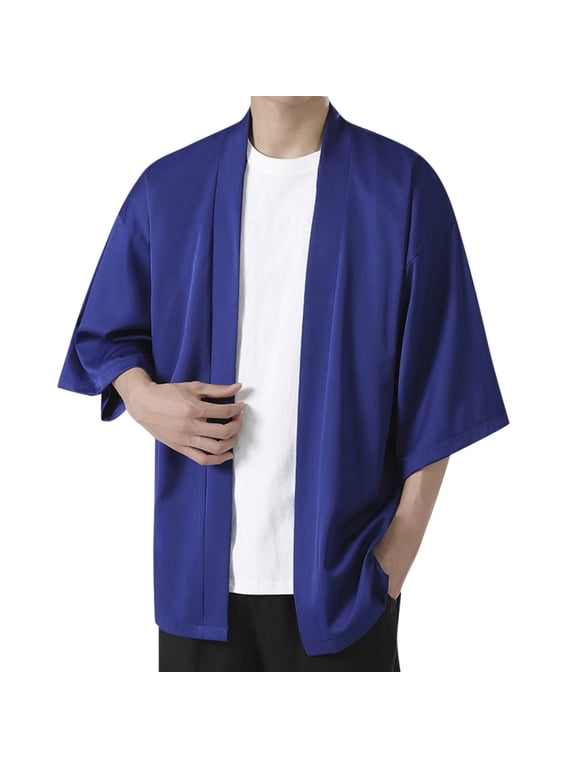 Cardigan Men Men's Solid Drop Shoulder Kimono Jacket Open Front Cardigan Cloak Tops Blue