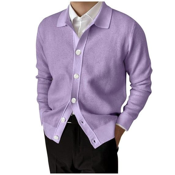 Lisingtool Cardigan Men Mens Fashion Casual Knit Yarn Lapel Button Long Sleeve Sweater Cardigan Jacket Tops Purple