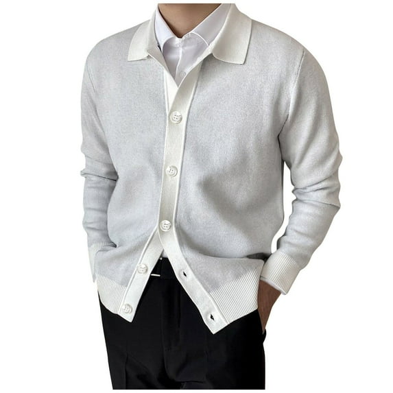 Lisingtool Cardigan Men Mens Fashion Casual Knit Yarn Lapel Button Long Sleeve Sweater Cardigan Jacket Tops White