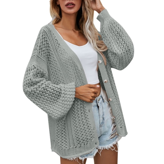 Lisingtool Cardigan Sweaters for Women Solid Casual Crochet Cardigan Button Sweater Kimono Boho Oversized Cardigan Coat Womens Long Sleeve Tops Grey