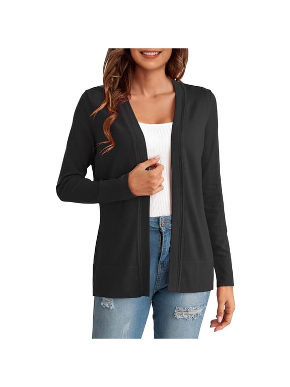 Cardigan Sweaters for Women Solid Color Long Sleeved Buttonless Casual Knitted Sweater Cardigan Womens Long Sleeve Tops Black