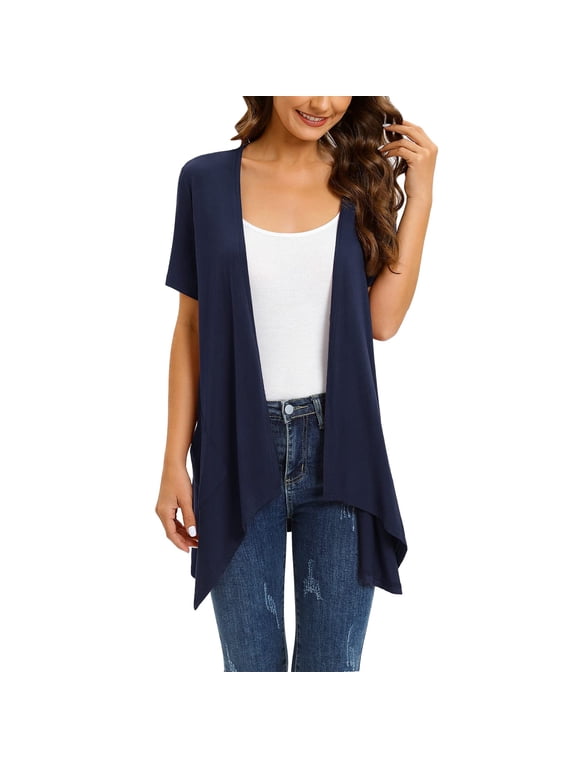 Cardigan for Women Floral Short Sleeve Cardigans for Women Casual Drape Open Front Lightweight Summer Cardigan with Pocket High Low Hem Womens Tops Navy