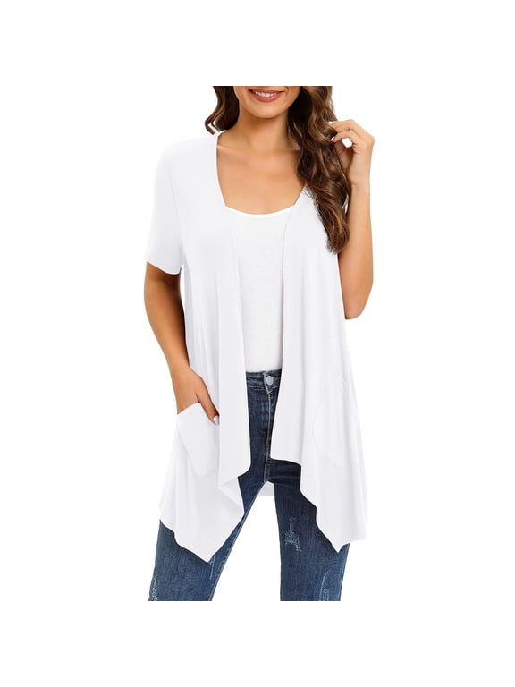 Cardigan for Women Floral Short Sleeve Cardigans for Women Casual Drape Open Front Lightweight Summer Cardigan with Pocket High Low Hem Womens Tops White