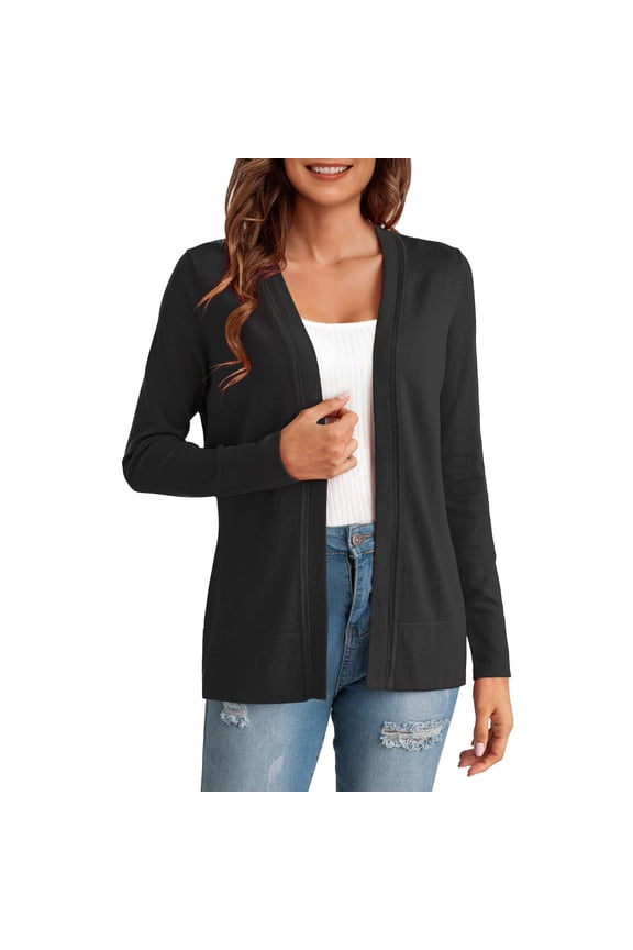 Cardigan for Women Women's Solid Color Long Sleeved Buttonless Casual Knitted Sweater Cardigan Womens Tops Black