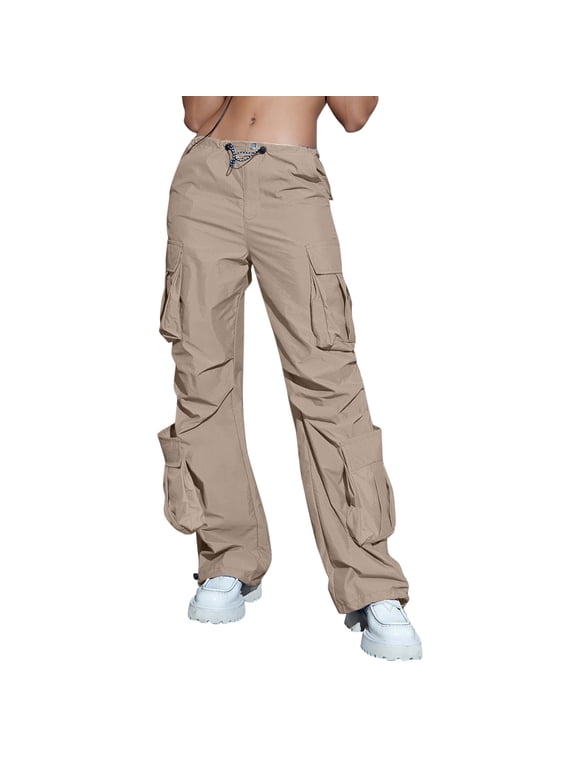 Cargo Pants Women 2023 Cargo Pants Woman Fit Baggy Clothes Black Pants High Waist Zipper Slim Drawstring Waist with Pockets Parachute Pant Green Cargo Joggers Pants Pants for Women Khaki