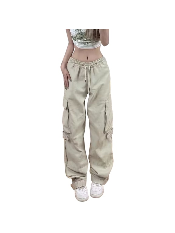 Cargo Pants Women Cargo Pants Big Pockets Y 2K High Elastic Waist Drawstring Baggy Trousers Vintage Casual Loose Side Zipper Straight Pants Womens Pants Beige