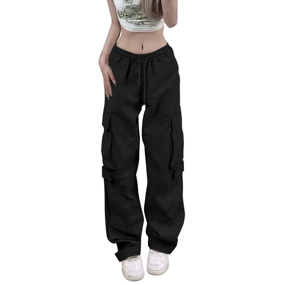Lisingtool Cargo Pants Women Cargo Pants Big Pockets Y 2K High Elastic Waist Drawstring Baggy Trousers Vintage Casual Loose Side Zipper Straight Pants Womens Pants Black