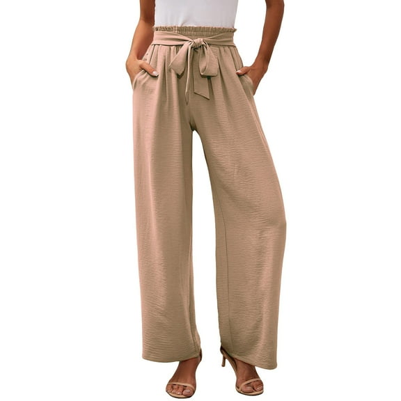 Lisingtool Casual Pants for Women Trendy Women's Wide Leg Pants Lightweiht Adjustable Waist Bow Tie Loose Comfortable Casual Trousers With Pocket Khaki