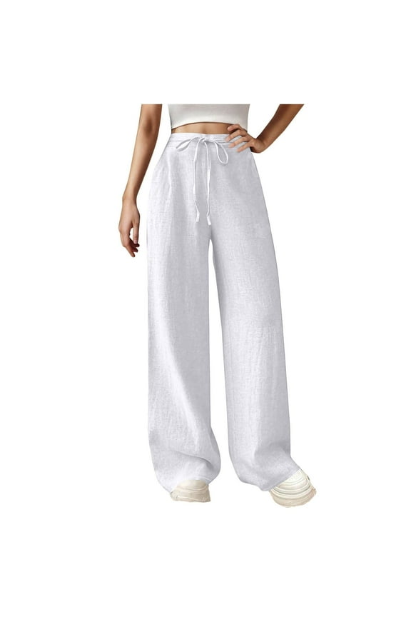 Casual Pants for Women Trendy Women's Pure Salad Rope High Waisted Pants Casual Cotton Pants White