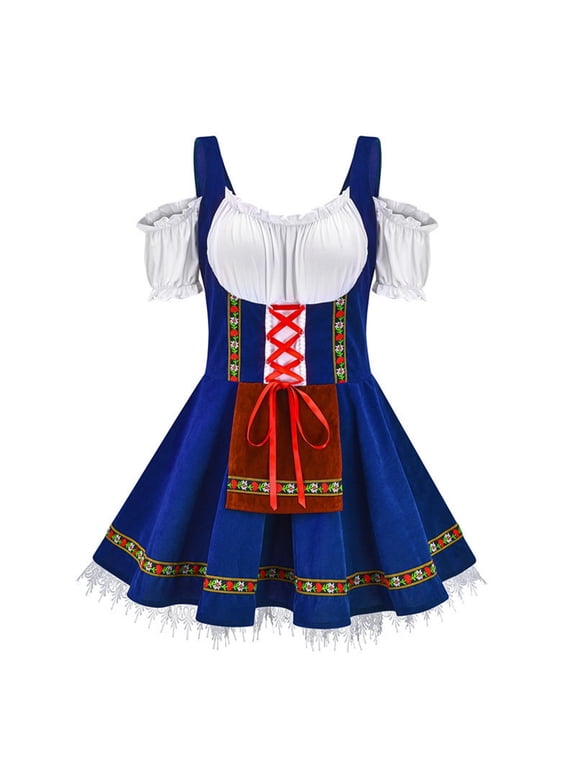 2 Piece Sets for Women Summer Germany Oktoberfest Womens Vintage Dress Short Sleeve Beer Dress Stage Performance Dress Blue Promotion Sale