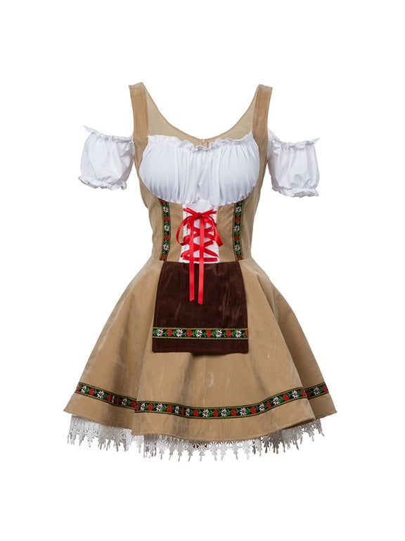 2 Piece Sets for Women Summer Germany Oktoberfest Womens Vintage Dress Short Sleeve Beer Dress Stage Performance Dress Khaki