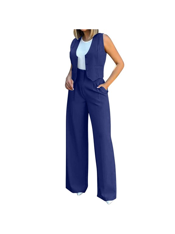 2 Piece Sets for Women Summer Women's Fashionable Vest Wide Leg Pants Set Stylish Comfortable for Daily Wear Blue