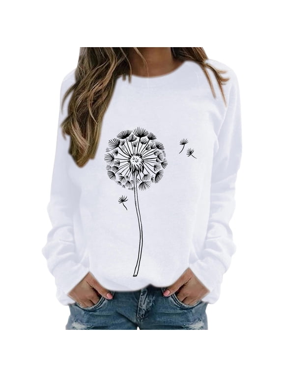 Hoodies for Women Womens Print O Neck Sweatshirt Round Neck Fit Pullover Tops Casual Long Sleeve Workout Shirts Loose Blouse S-XXL