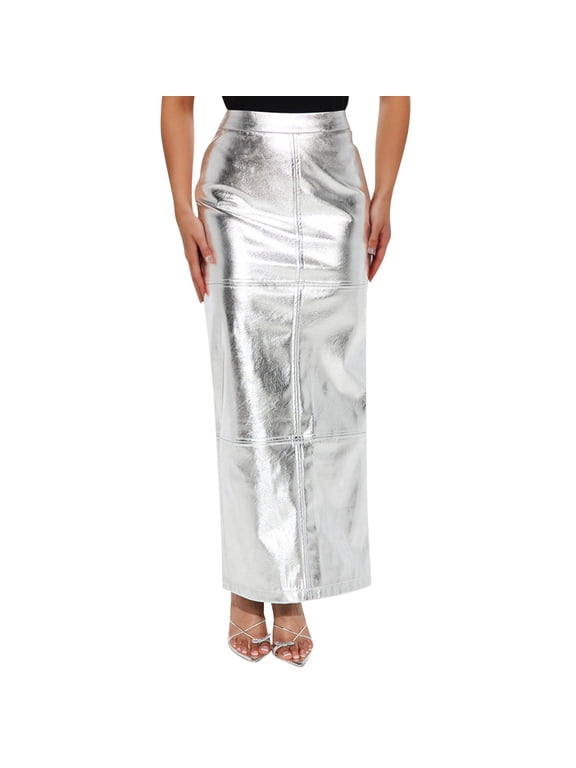 Clearance Skirts for Woman Pu Leather Long Skirt for Women High Waist Retro Maxiskirt Pathwork Bodycon Hip Package Sexy Female Prom Split Skirt High Waisted Skirts for Women Silver