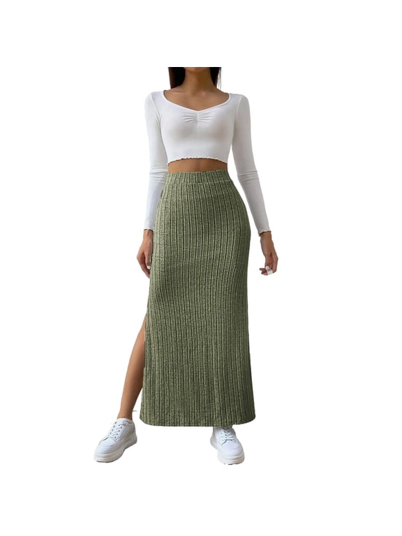 Clearance Skirts for Woman Ribbed Knit Skirt Women's Long Skirts with Slit High Waist Vintage Skirts Casual Skirt Autumn Skirt with Elastic Waistband High Waisted Skirts for Women Green