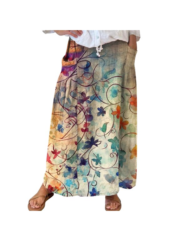 Clearance Summer Dresses for Women 2024 Women's Retro Floral Art Linen Elastic Waistband Pocket Skirt Camouflage Clearance Sale