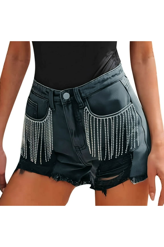 Clearance Women's Pants Womens Rhinestone Fringe Denim Shorts Mid Rise Ripped Hem Stretchy Jean Shorts Frayed Distressed Hot Shorts S-XXL Clearance sale