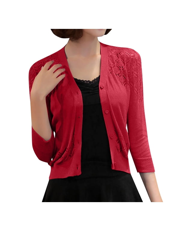 Clearance Womens Summer Tops Cardigan Sweaters for Women Women's Solid Color Cardigan Hollow Out Knit Sweater Short Coat S-XL Clearance sale