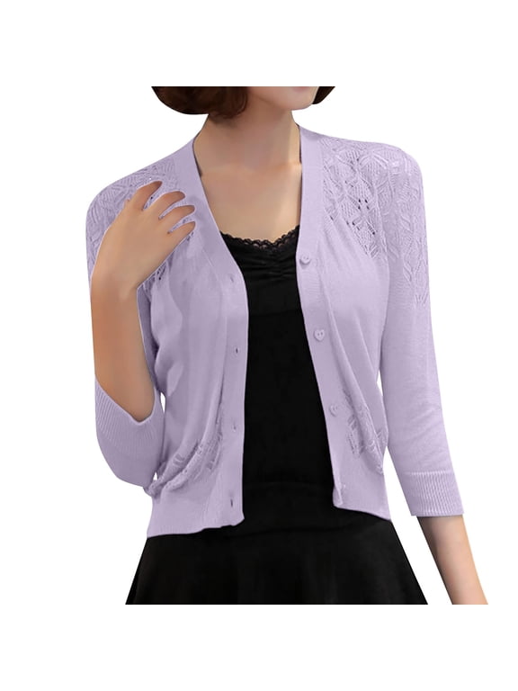 Clearance Womens Summer Tops Cardigan Sweaters for Women Women's Solid Color Cardigan Hollow Out Knit Sweater Short Coat S-XL Clearance sale