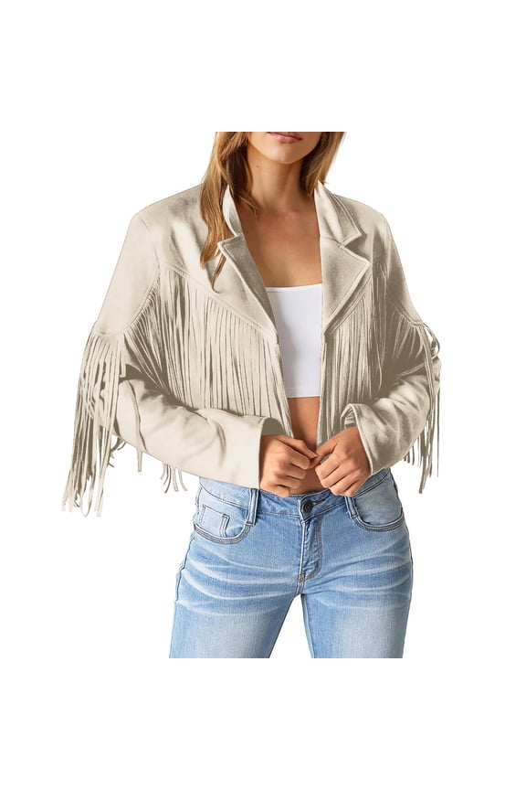 Clearance Womens Summer Tops Jackets for Women Ladies Fashion Solid Color Fringe Faux Suede Leather Jacket Fashion Fringe Motorcycle Cropped Jacket S-XL Clearance sale