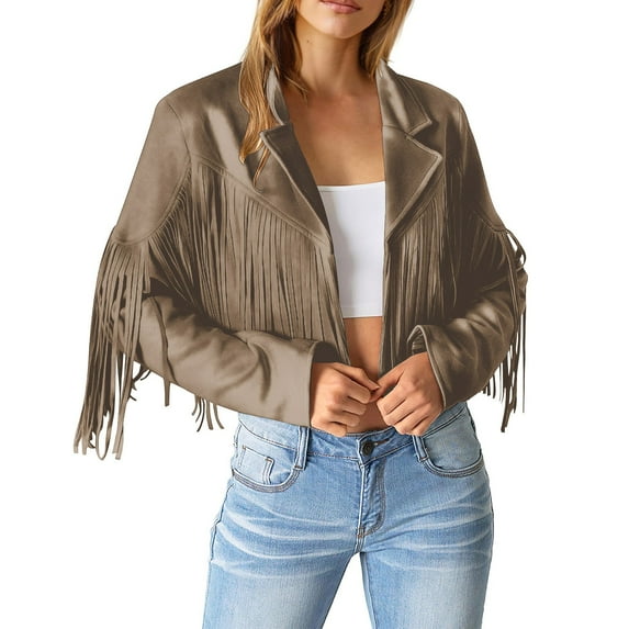 Lisingtool Clearance Womens Summer Tops Jackets for Women Ladies Fashion Solid Color Fringe Faux Suede Leather Jacket Fashion Fringe Motorcycle Cropped Jacket S-XL Clearance sale