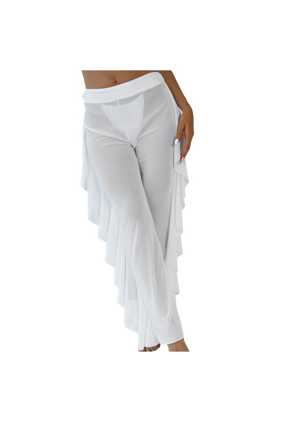 Clearance Womens Swimsuits Women Mesh Ruffle Trim Cover Up Pants Beach Cover Up Beach Wrap Bikini Shiny Wraps Cover Ups for Swimwear Ruffle Pants S-XXL Clearance sale