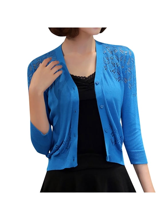 Clearance Womens Tops Cardigan for Women Women's Solid Color Cardigan Hollow Out Knit Sweater Short Coat Clearance sale S-XL