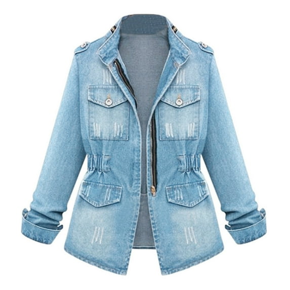 Lisingtool Coats For Women Plus Size Casual Womens Ladies Denim Oversize Jeans Chain Jacket Pocket Coat White Xl