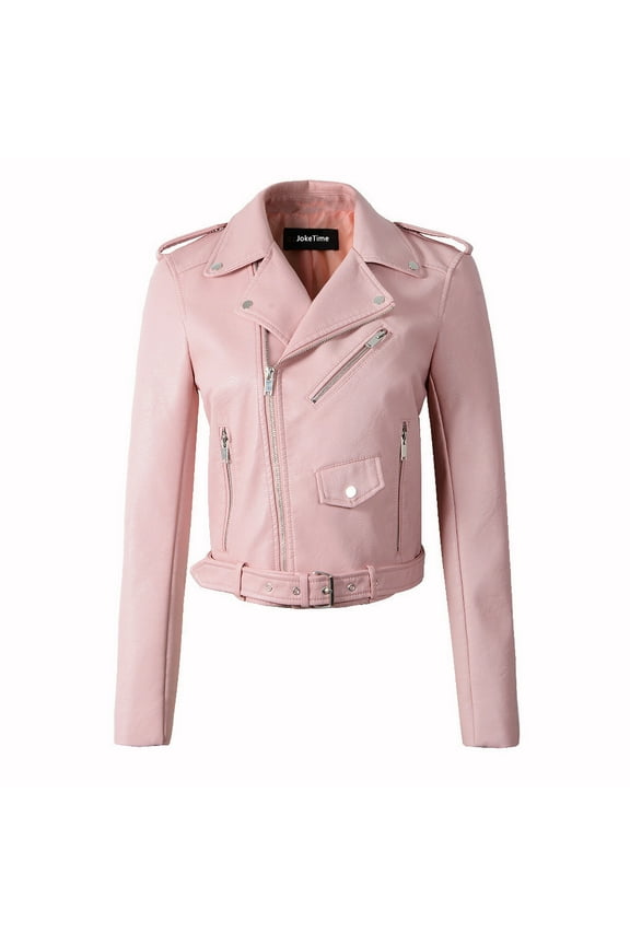 Coats For Women Women Ladies The Belt Fashion Leather Racing Style Biker Jacket Pink L