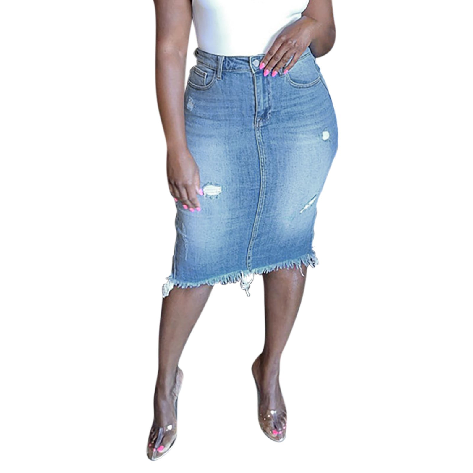 Lisingtool Denim Skirt Denim Skirts for Women with Pockets Hem Stretch
