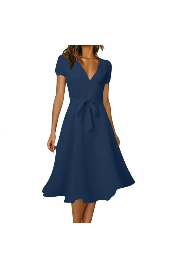 Dresses for Women 2023 Women Casual V Neck Solid Color Multicolor Strap Decoration Elegant Dress Womens Dresses Navy