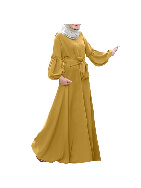 Dresses for Women 2023 Women Muslim Solid Color Long Sleeve Ruffle Dress Long Sleeve Islamic Prayer Clothes Homecoming Dresses Yellow