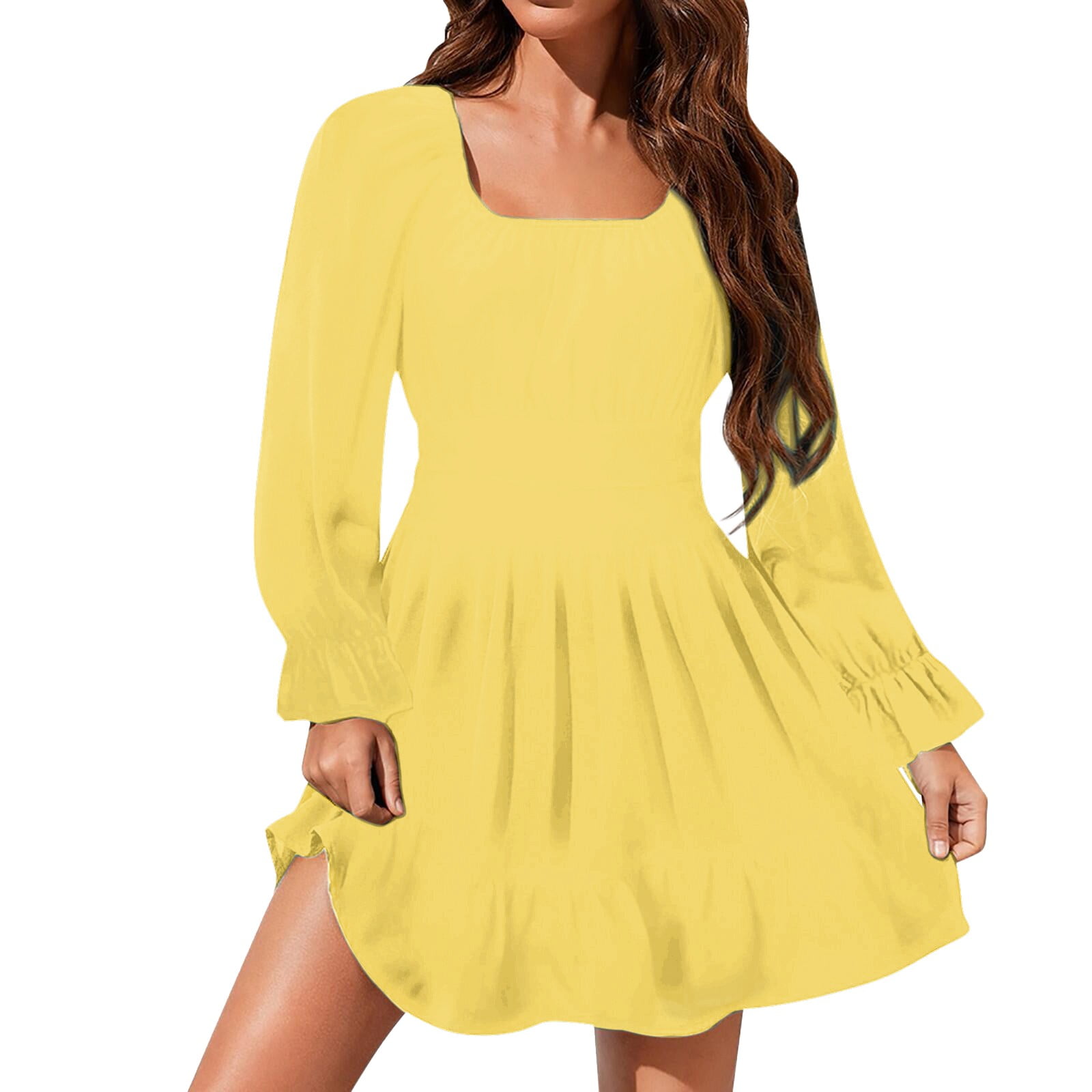 Lisingtool Dresses for Women 2023 Women's Long Sleeve Square Neck Frilled  Backless Slim Mid Length Chiffon Dress Homecoming Dresses Yellow -  Walmart.com