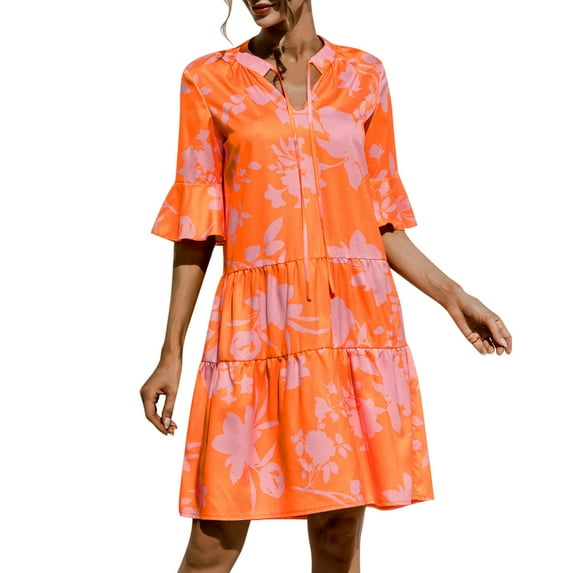 Lisingtool Dresses for Women 2023 Womens 3/4 Puff Sleeves Ruffle Mini Dress V Neck Solid Pleated Doll Dresses Womens Dresses Orange