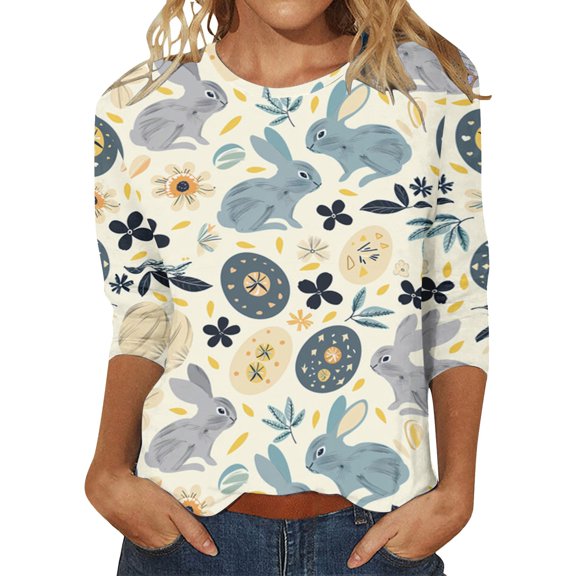 Lisingtool Easter Shirts for Women Funny Egg Graphic Tees 3/4 Length Sleeve Tops Cute Bunny Pullovers Tunic Cotton Blouse Beige