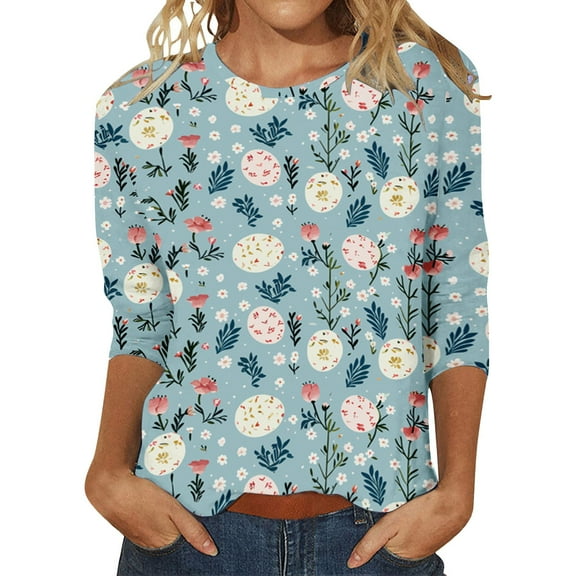 Lisingtool Easter Shirts for Women Funny Egg Graphic Tees 3/4 Length Sleeve Tops Cute Bunny Pullovers Tunic Cotton Blouse Blue