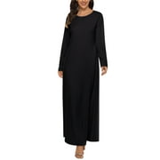 Lisingtool Fall Dresses for Women 2023 Womens Casual Solid Muslim Dress Abaya Islamic Long Sleeve Dress Under Dress Homecoming Dresses Black