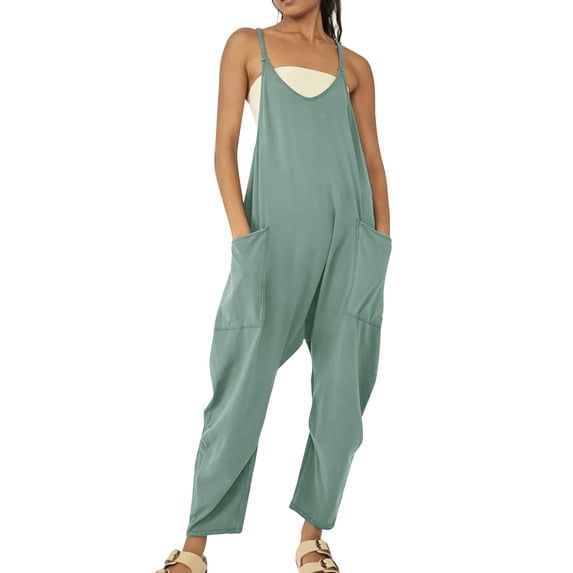 Lisingtool Womens Jumpsuit Womens Casual Summer Jumpsuit Sleeveless Loose Solid Color Comfortable Strap Loose Jumpsuit Pocket Jumpsuit for Women Womens Overalls Green1