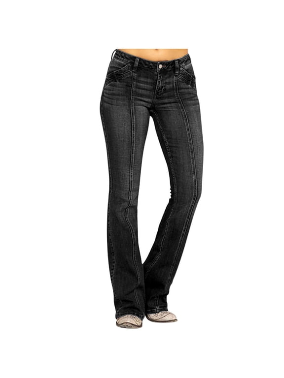 Flared&Nbsp;Pants For Women Women Mid Waisted Denim Jeans Embroidery Stretch Button Flare Pants Jeans Black