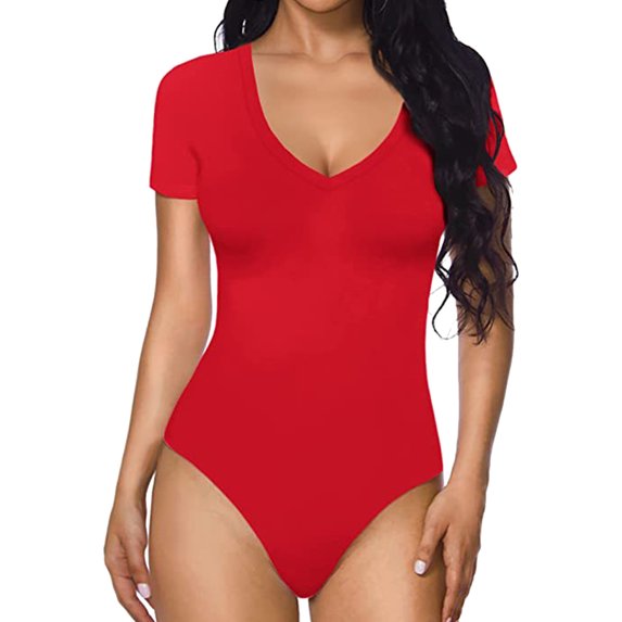 Lisingtool Full Body Jumpsuit Women Casual Tight Solid Color V Neck Short Sleeved Bodysuit Jumpsuits for Women Dressy Red1