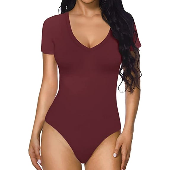 Lisingtool Full Body Jumpsuit Women Casual Tight Solid Color V Neck Short Sleeved Bodysuit Jumpsuits for Women Dressy Red5