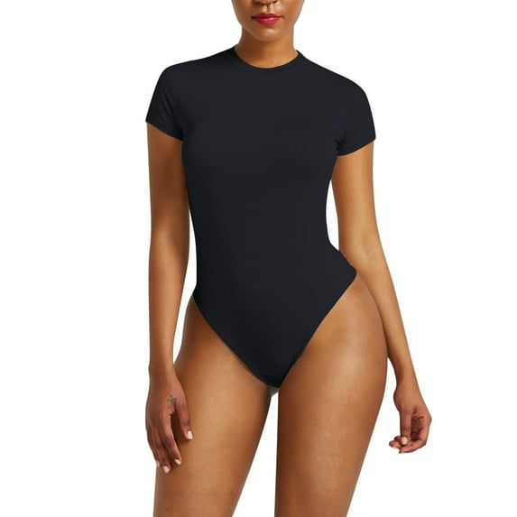 Lisingtool Full Body Jumpsuit Women's Slid Color Fitting Short Sleeves Round Neck Bodysuit Bottoming Jumpsuit Bodysuit Top Jumpsuits for Women Dressy Black