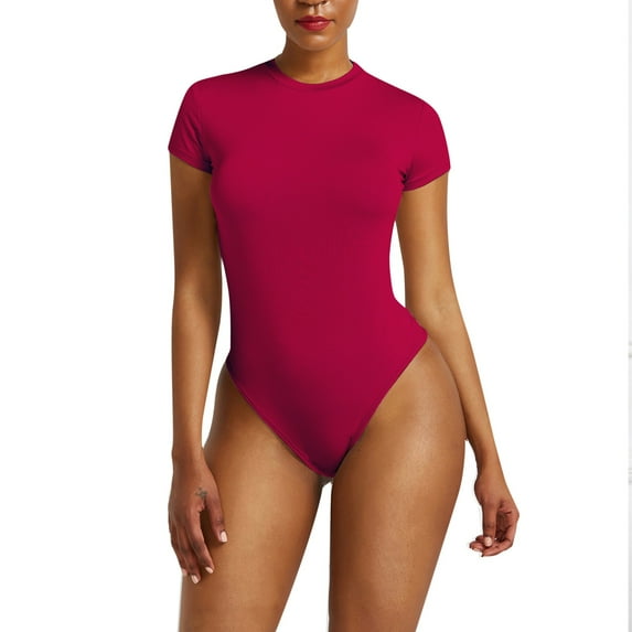 Lisingtool Full Body Jumpsuit Women's Slid Color Fitting Short Sleeves Round Neck Bodysuit Bottoming Jumpsuit Bodysuit Top Jumpsuits for Women Dressy Red2